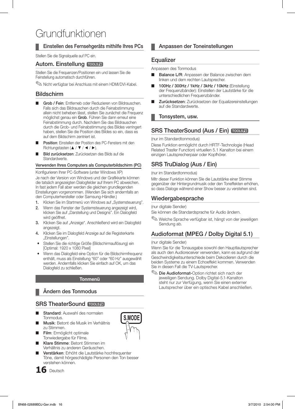 Grundfunktionen, S.mode p.mode, Autom. einstellung | Bildschirm, Srs theatersound, Equalizer, Srs theatersound (aus / ein), Srs trudialog (aus / ein), Wiedergabesprache, Audioformat (mpeg / dolby digital 5.1) | Samsung LE40C630K1W User Manual | Page 114 / 197