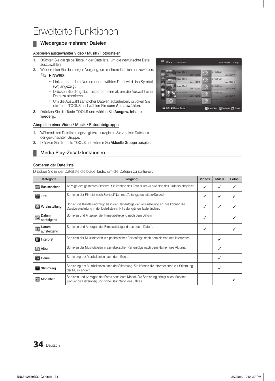 Erweiterte funktionen, Wiedergabe mehrerer dateien, Media play-zusatzfunktionen | Samsung LE40C630K1W User Manual | Page 132 / 197