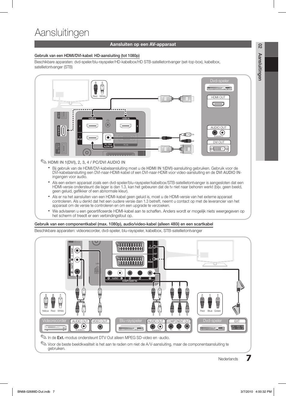 Aansluitingen, 02 aansluitingen aansluiten op een av-apparaat, Nederlands | Gebruiken, Blu-rayspeler dvd-speler videorecorder, Dvd-speler | Samsung LE40C630K1W User Manual | Page 154 / 197