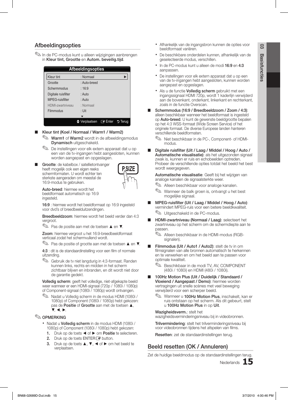 S.mode p.mode, Afbeeldingsopties, Beeld resetten (ok / annuleren) | Samsung LE40C630K1W User Manual | Page 162 / 197