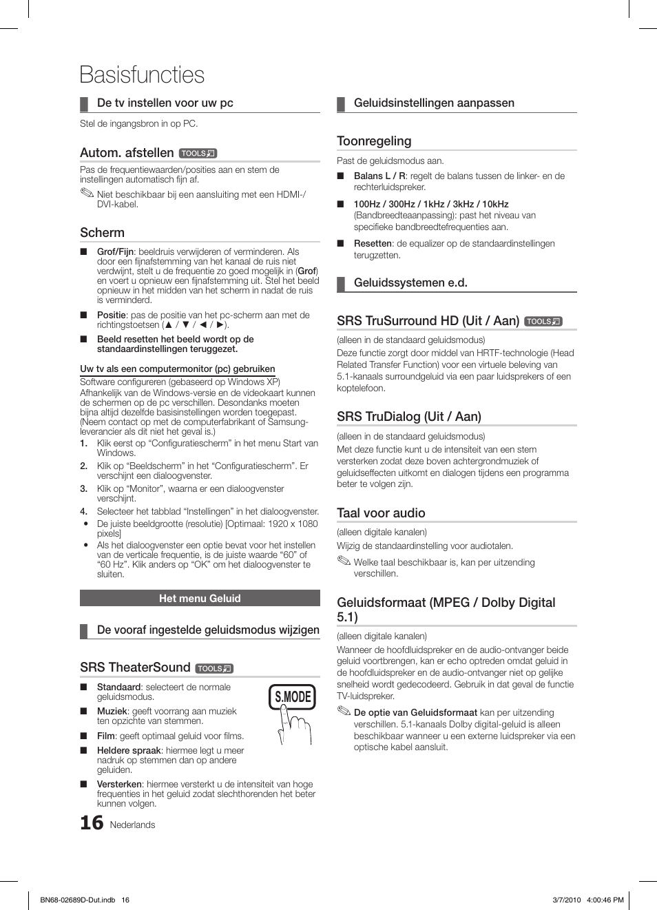 Basisfuncties, S.mode p.mode, Autom. afstellen | Scherm, Srs theatersound, Toonregeling, Srs trusurround hd (uit / aan), Srs trudialog (uit / aan), Taal voor audio, Geluidsformaat (mpeg / dolby digital 5.1) | Samsung LE40C630K1W User Manual | Page 163 / 197