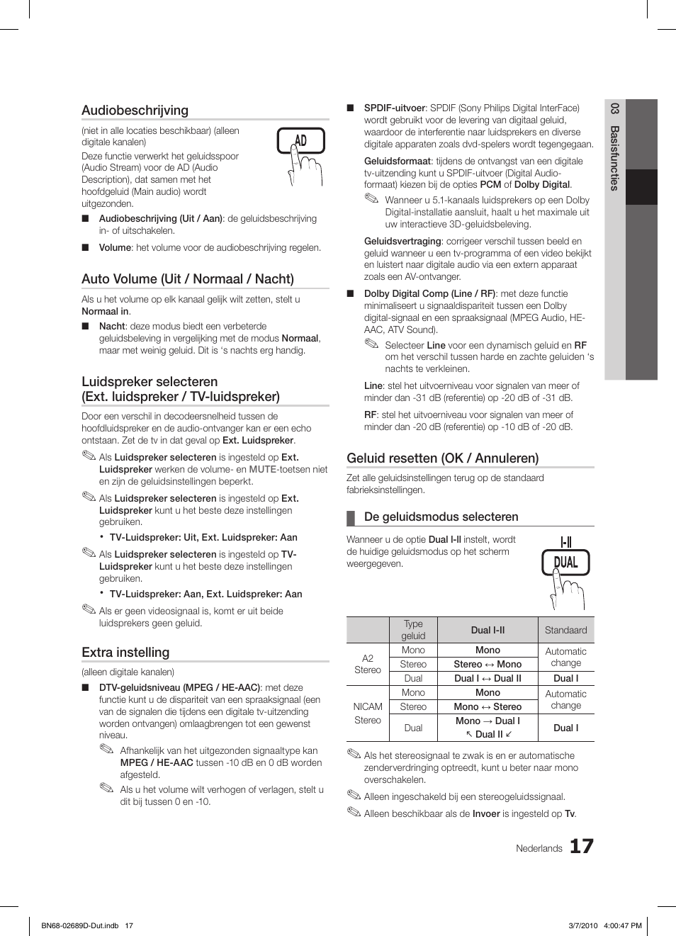 S.mode p.mode s.mode p.mode, Audiobeschrijving, Auto volume (uit / normaal / nacht) | Extra instelling, Geluid resetten (ok / annuleren) | Samsung LE40C630K1W User Manual | Page 164 / 197