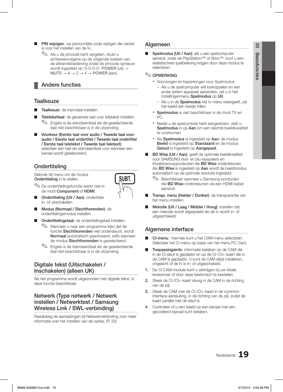 S.mode p.mode, Andere functies ¦ taalkeuze, Ondertiteling | Algemeen, Algemene interface | Samsung LE40C630K1W User Manual | Page 166 / 197