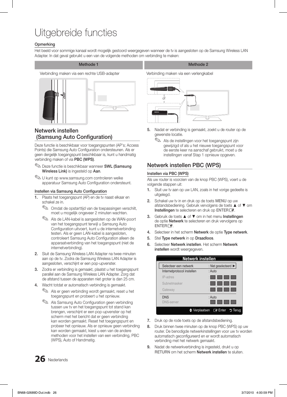 Uitgebreide functies, Netwerk instellen (samsung auto configuration), Netwerk instellen pbc (wps) | Samsung LE40C630K1W User Manual | Page 173 / 197
