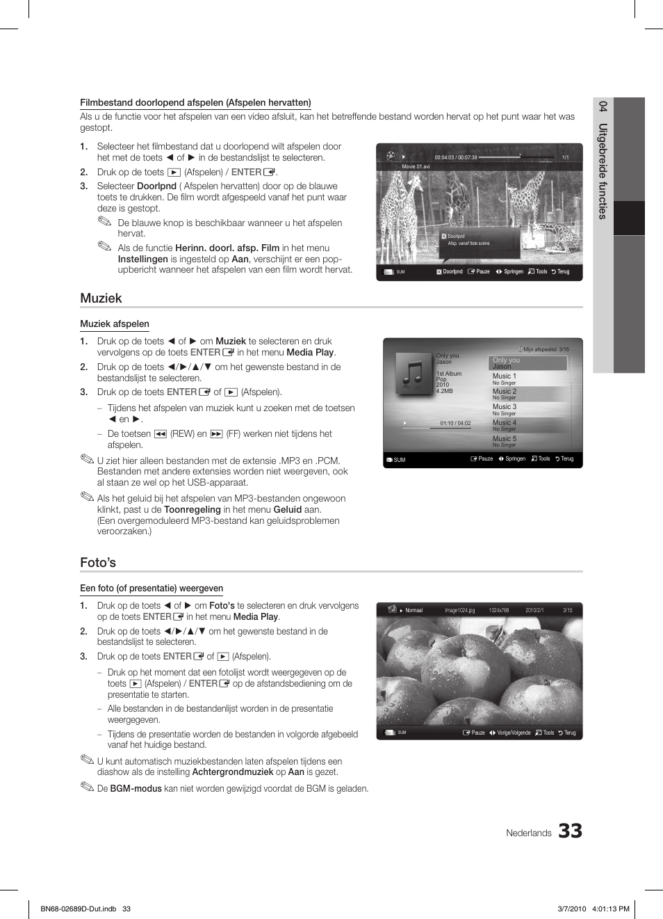 Muziek, Foto’s | Samsung LE40C630K1W User Manual | Page 180 / 197