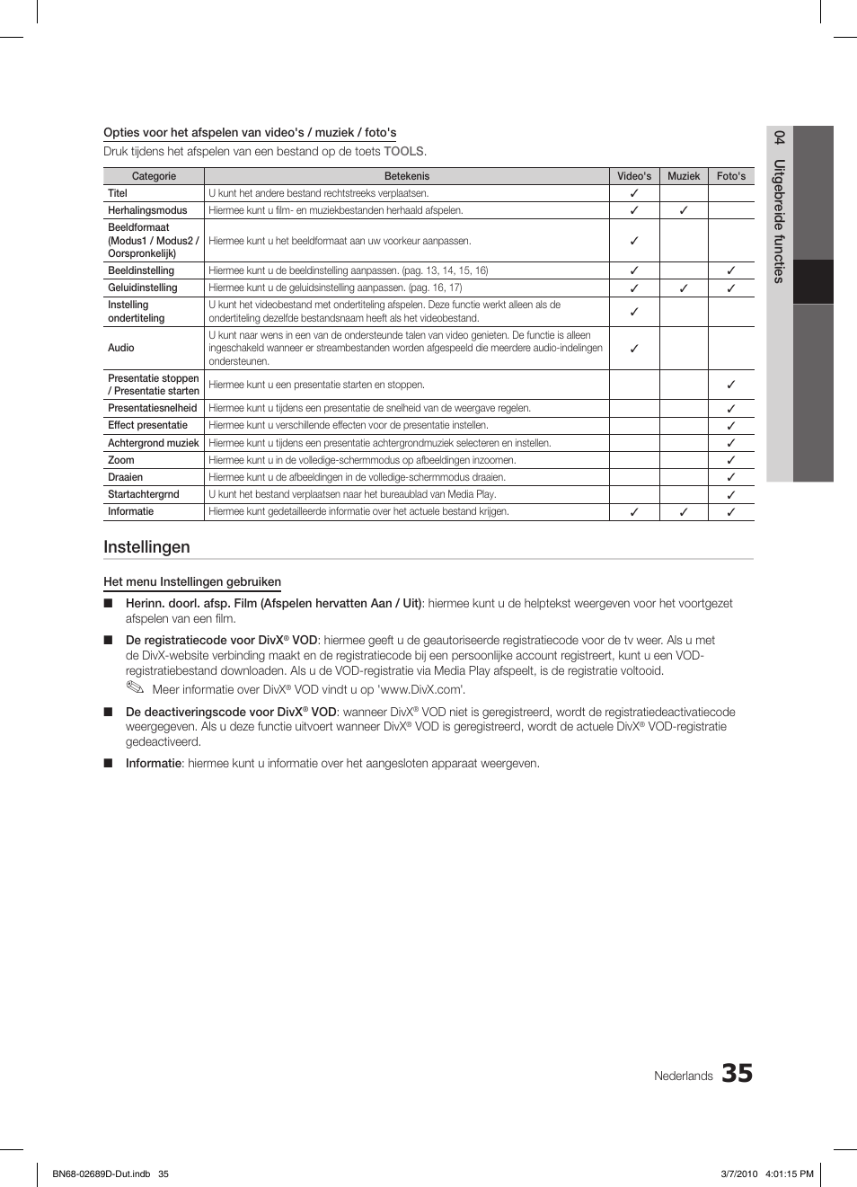Instellingen | Samsung LE40C630K1W User Manual | Page 182 / 197