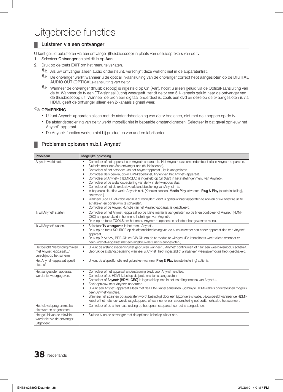 Uitgebreide functies, Luisteren via een ontvanger, Problemen oplossen m.b.t. anynet | Samsung LE40C630K1W User Manual | Page 185 / 197