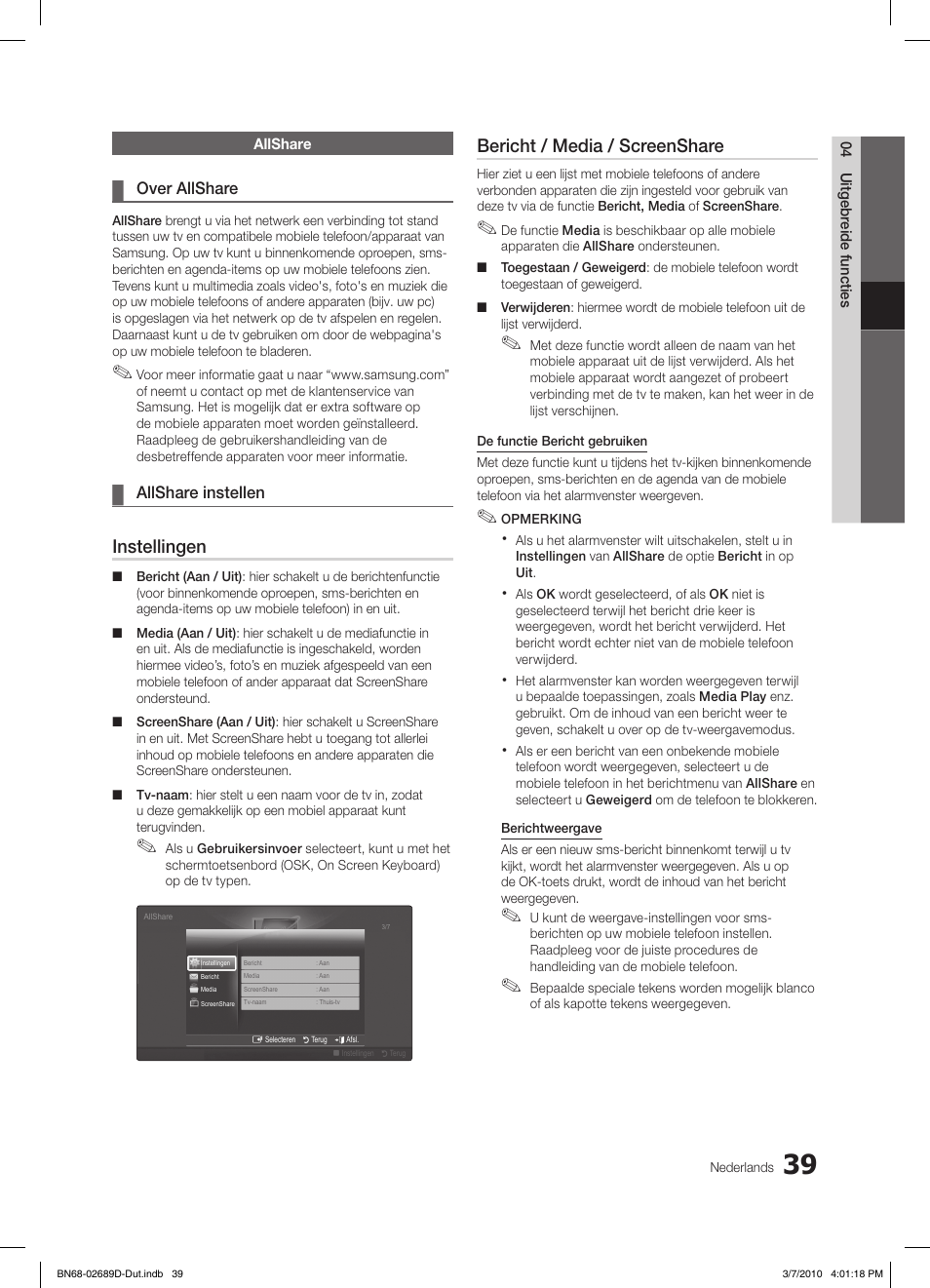 Instellingen, Bericht / media / screenshare | Samsung LE40C630K1W User Manual | Page 186 / 197