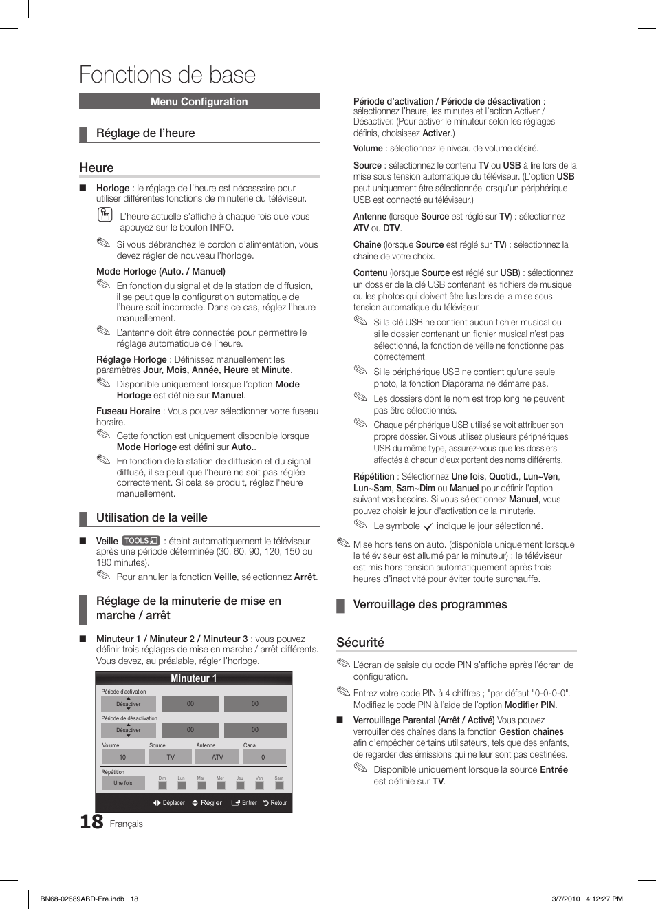 Fonctions de base, Heure, Sécurité | Samsung LE40C630K1W User Manual | Page 67 / 197