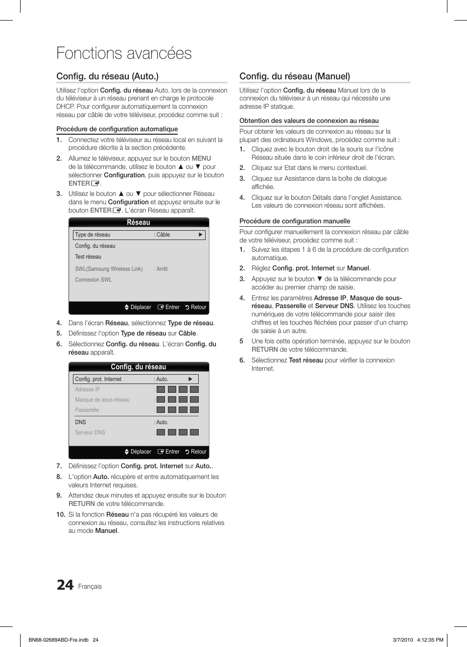 Fonctions avancées, Config. du réseau (auto.), Config. du réseau (manuel) | Samsung LE40C630K1W User Manual | Page 73 / 197