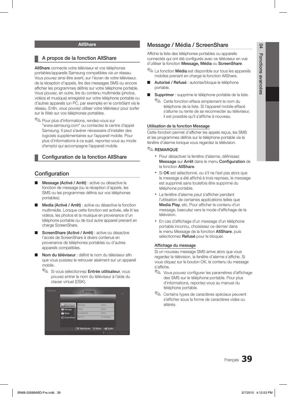 Configuration, Message / média / screenshare | Samsung LE40C630K1W User Manual | Page 88 / 197