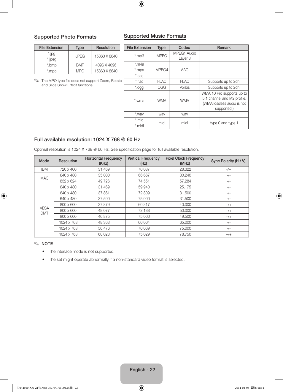 Supported photo formats, Supported music formats | Samsung PE43H4500AW User Manual | Page 22 / 89