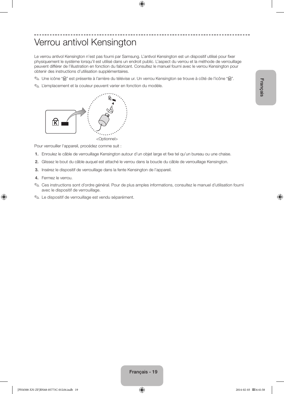 Verrou antivol kensington | Samsung PE43H4500AW User Manual | Page 41 / 89