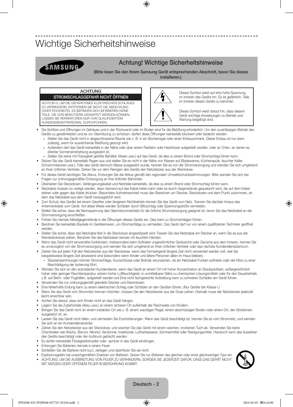 Wichtige sicherheitshinweise, Achtung! wichtige sicherheitshinweise | Samsung PE43H4500AW User Manual | Page 46 / 89