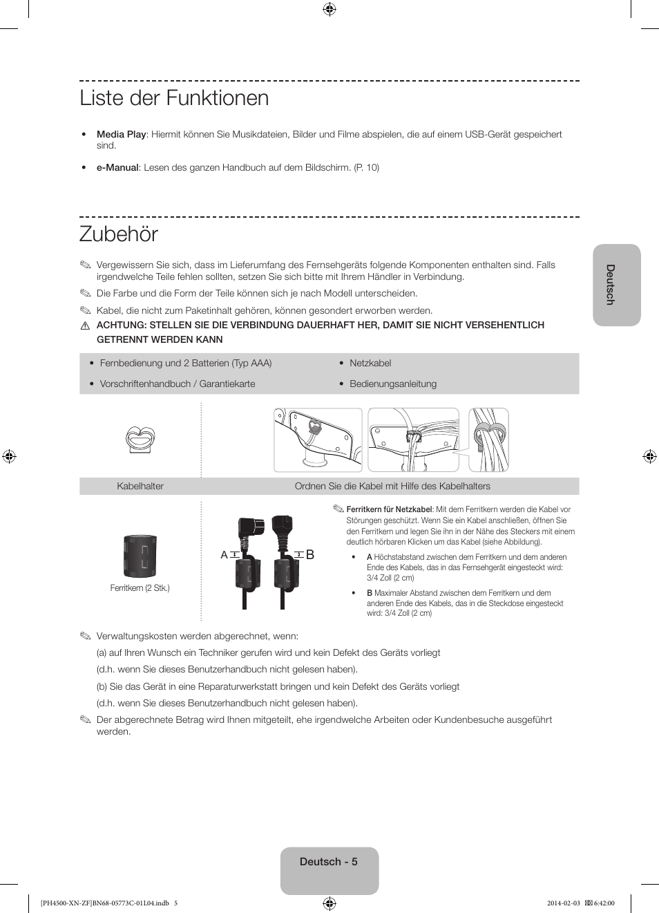 Liste der funktionen, Zubehör | Samsung PE43H4500AW User Manual | Page 49 / 89