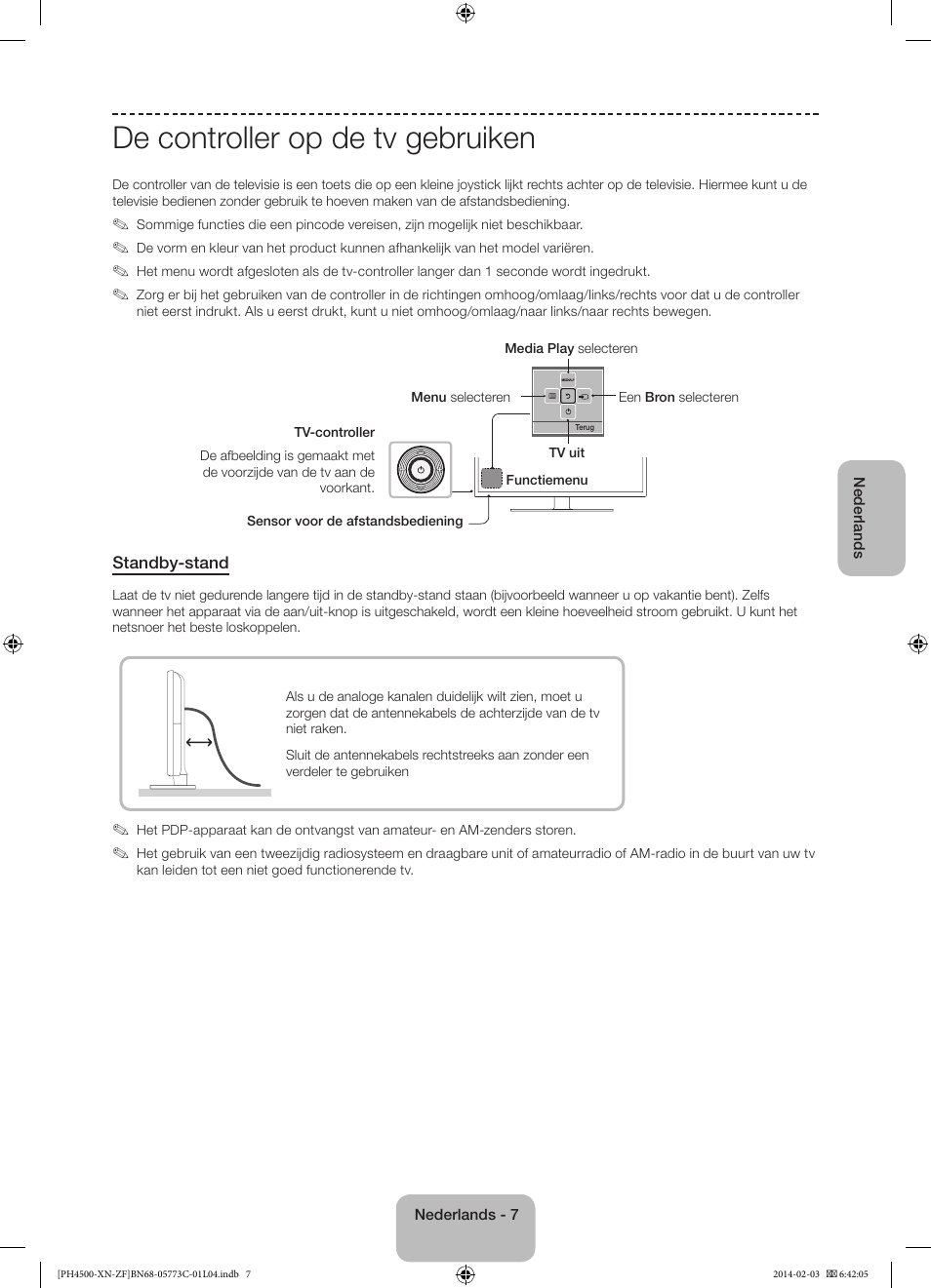 De controller op de tv gebruiken | Samsung PE43H4500AW User Manual | Page 73 / 89