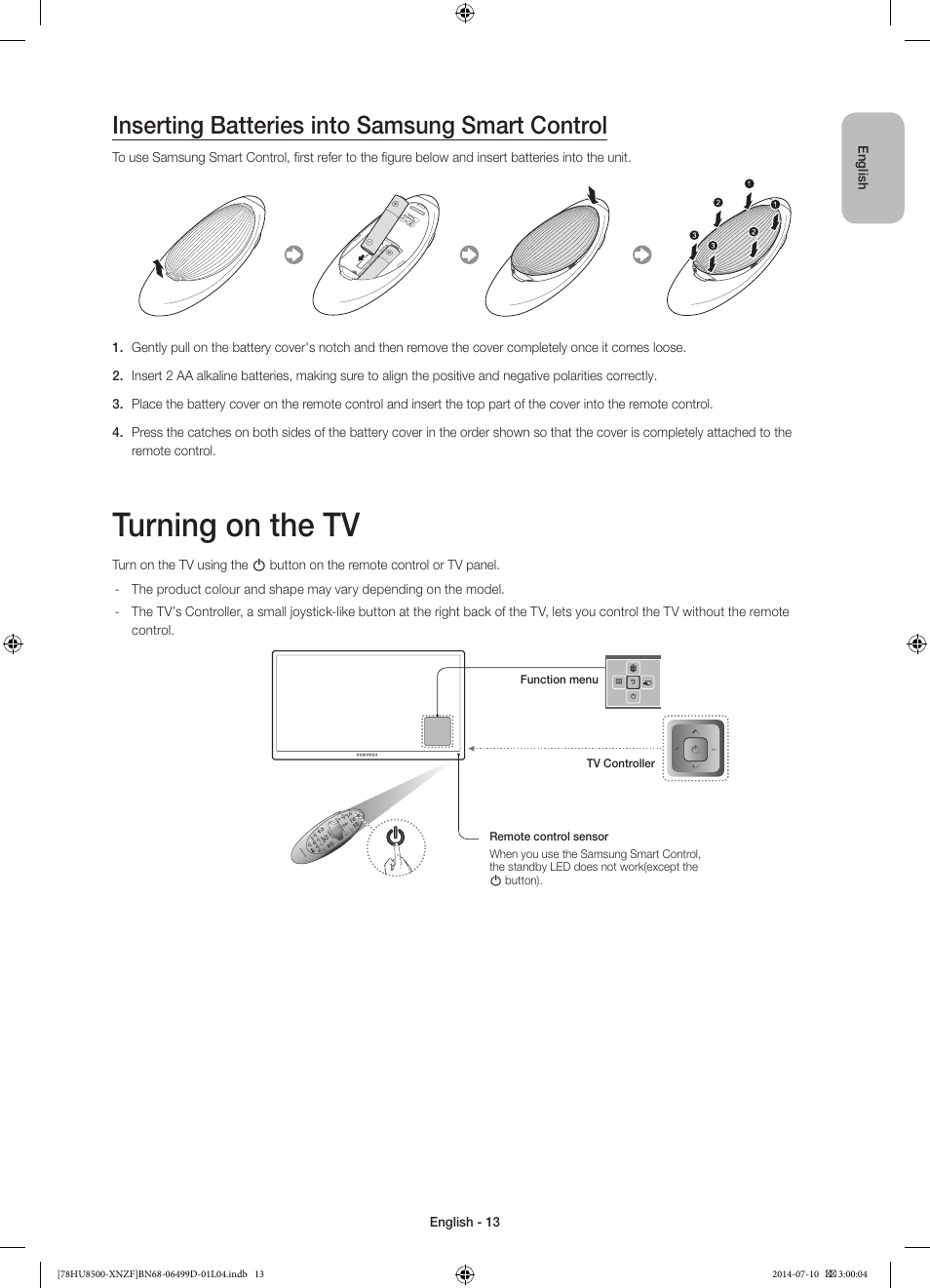 Turning on the tv, Inserting batteries into samsung smart control | Samsung UE78HU8500L User Manual | Page 13 / 97