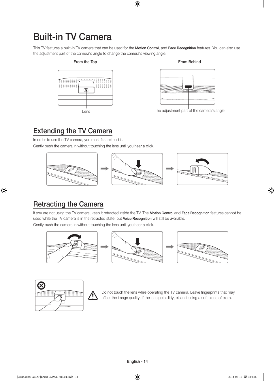 Built-in tv camera, Extending the tv camera, Retracting the camera | 경고 주의 경고 주의 | Samsung UE78HU8500L User Manual | Page 14 / 97