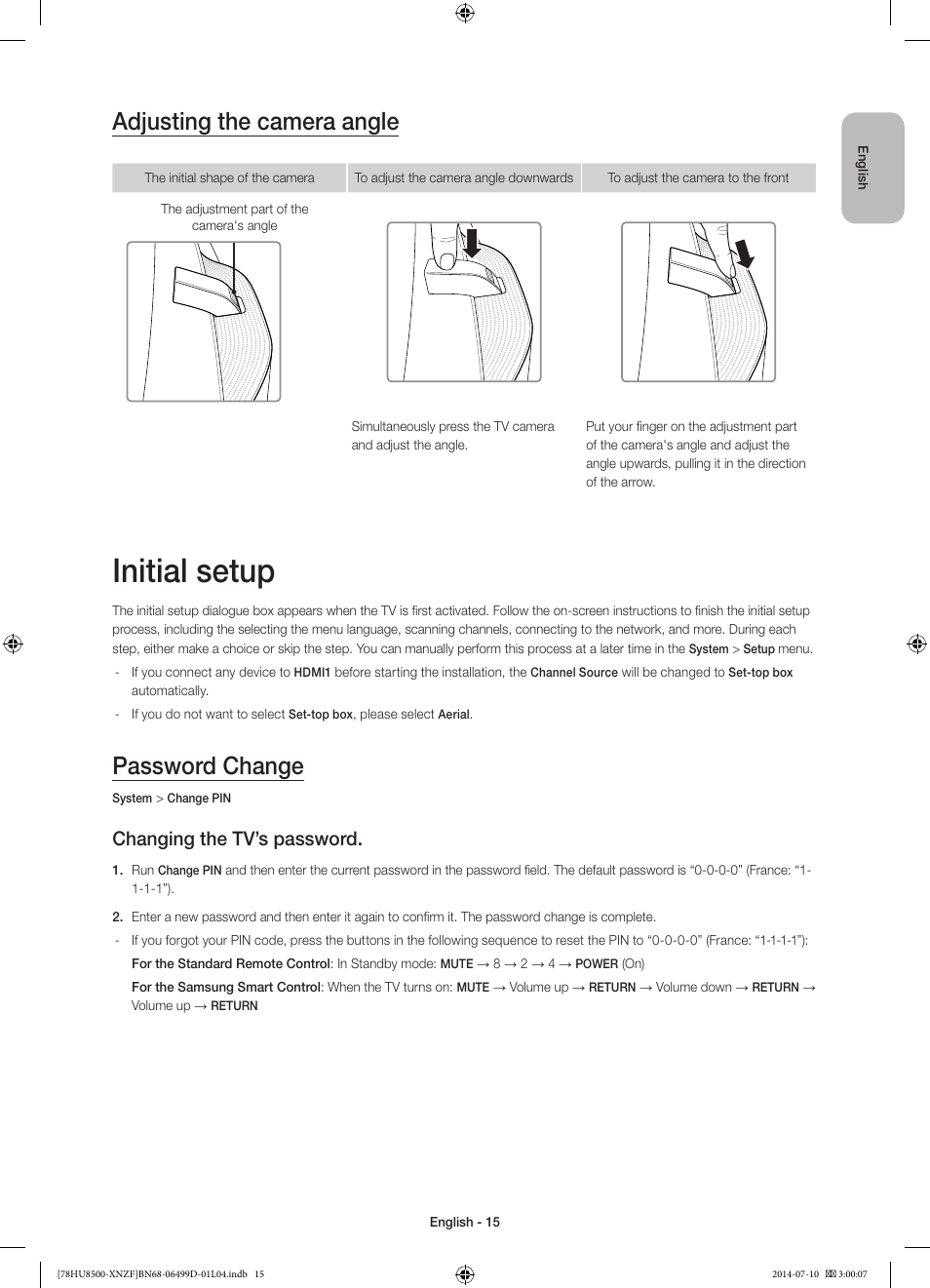 Initial setup, Adjusting the camera angle, Password change | Changing the tv’s password | Samsung UE78HU8500L User Manual | Page 15 / 97