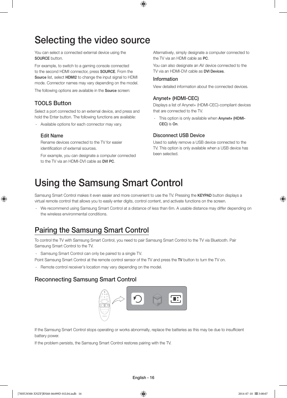Using the samsung smart control, Selecting the video source, Pairing the samsung smart control | Reconnecting samsung smart control, Button, Tools | Samsung UE78HU8500L User Manual | Page 16 / 97