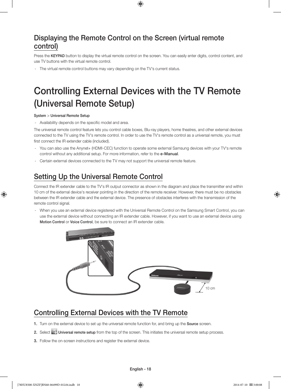 Controlling external devices with the tv remote, Universal remote setup, Setting up the universal remote control | Samsung UE78HU8500L User Manual | Page 18 / 97