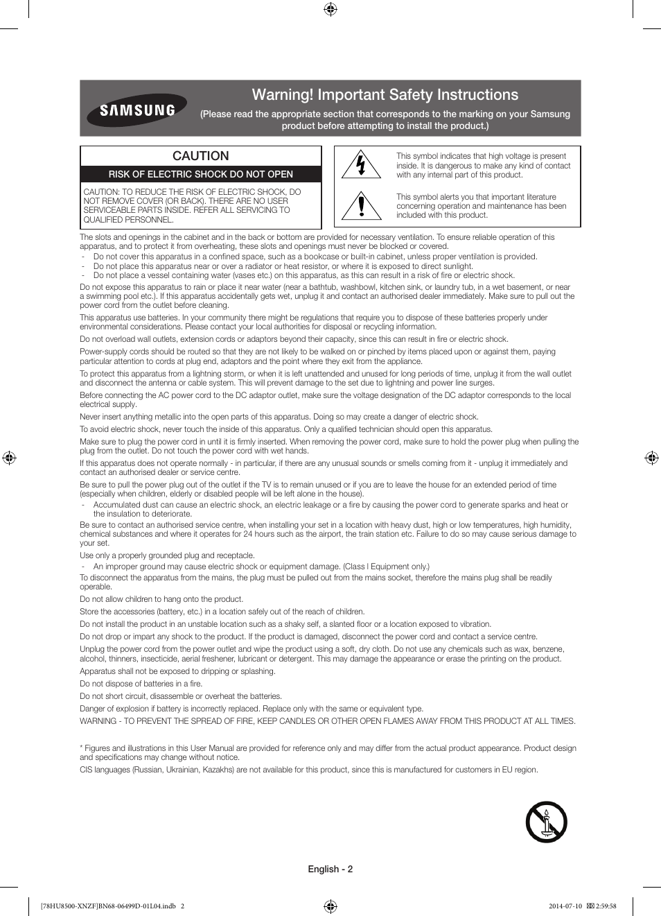 Warning! important safety instructions, Caution | Samsung UE78HU8500L User Manual | Page 2 / 97