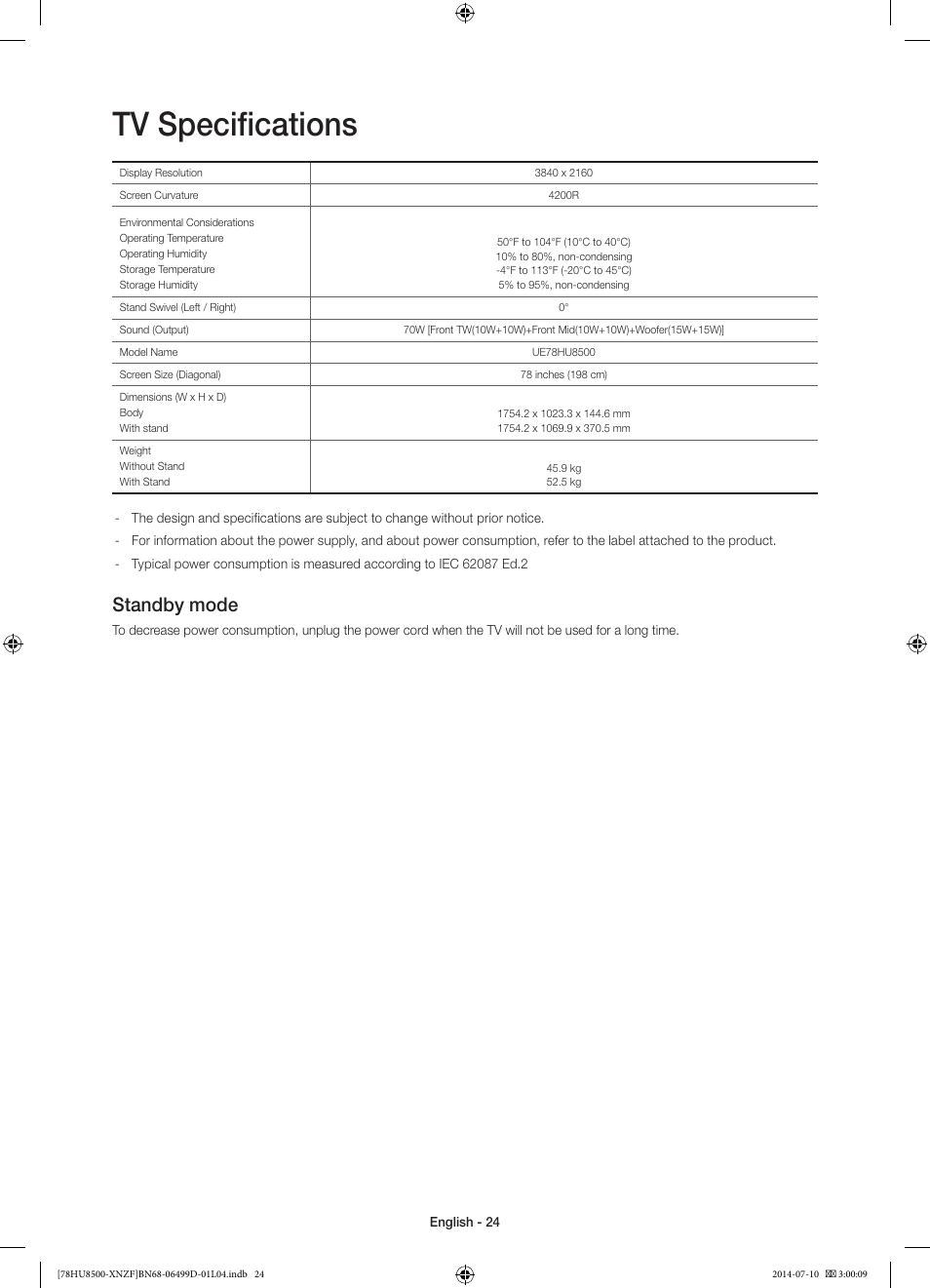 Tv specifications, Standby mode | Samsung UE78HU8500L User Manual | Page 24 / 97