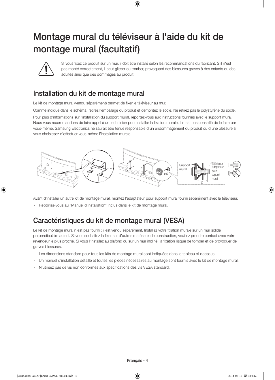 Installation du kit de montage mural, Caractéristiques du kit de montage mural (vesa) | Samsung UE78HU8500L User Manual | Page 28 / 97