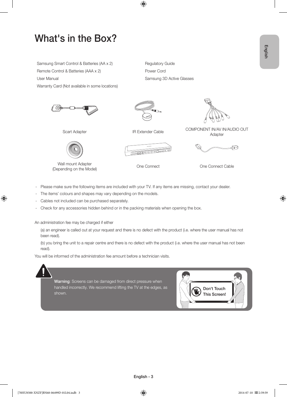 What's in the box | Samsung UE78HU8500L User Manual | Page 3 / 97