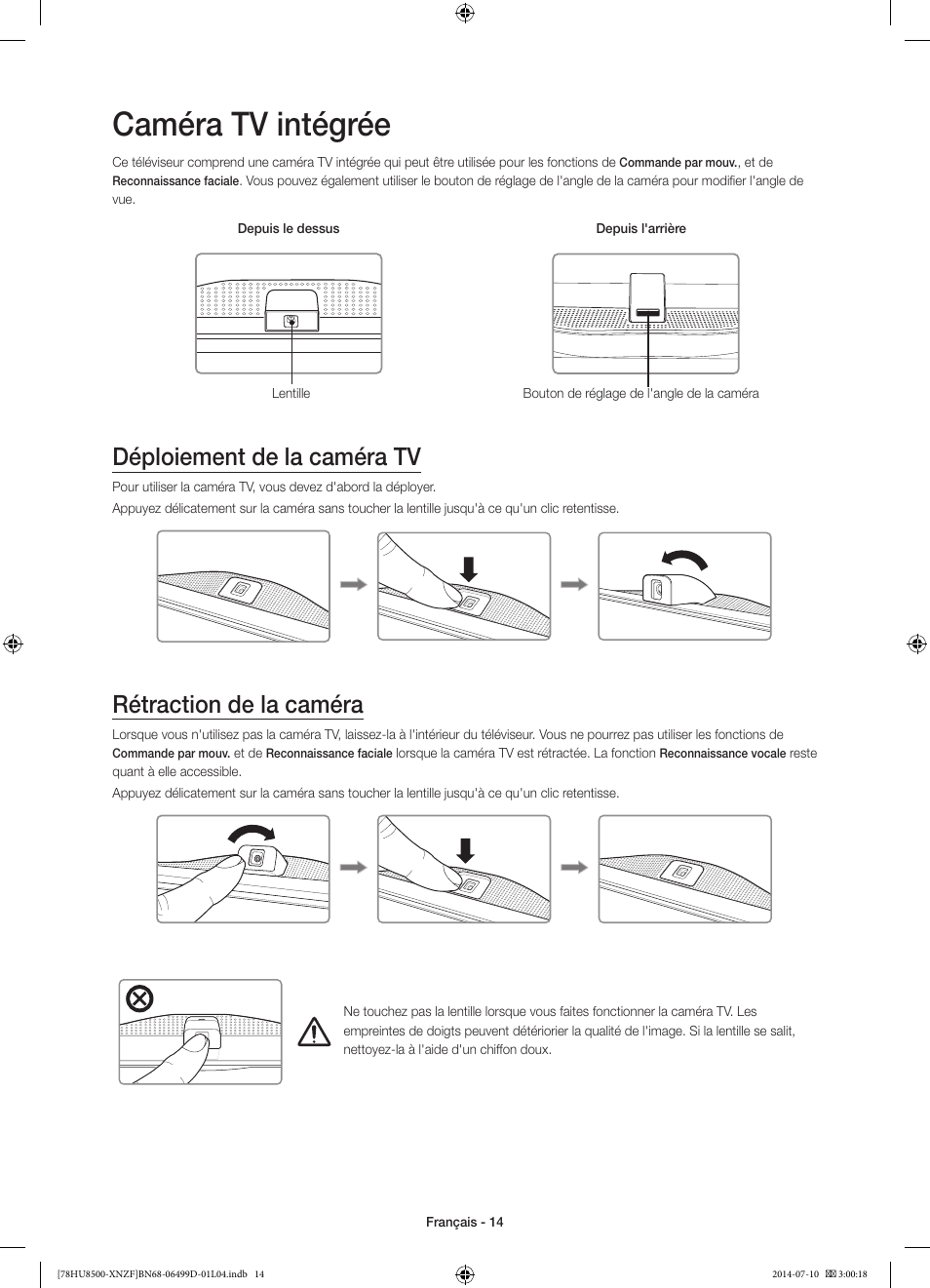 Caméra tv intégrée, Déploiement de la caméra tv, Rétraction de la caméra | 경고 주의 경고 주의 | Samsung UE78HU8500L User Manual | Page 38 / 97
