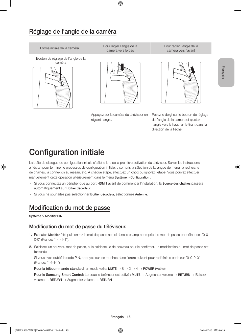 Configuration initiale, Réglage de l'angle de la caméra, Modification du mot de passe | Modification du mot de passe du téléviseur | Samsung UE78HU8500L User Manual | Page 39 / 97