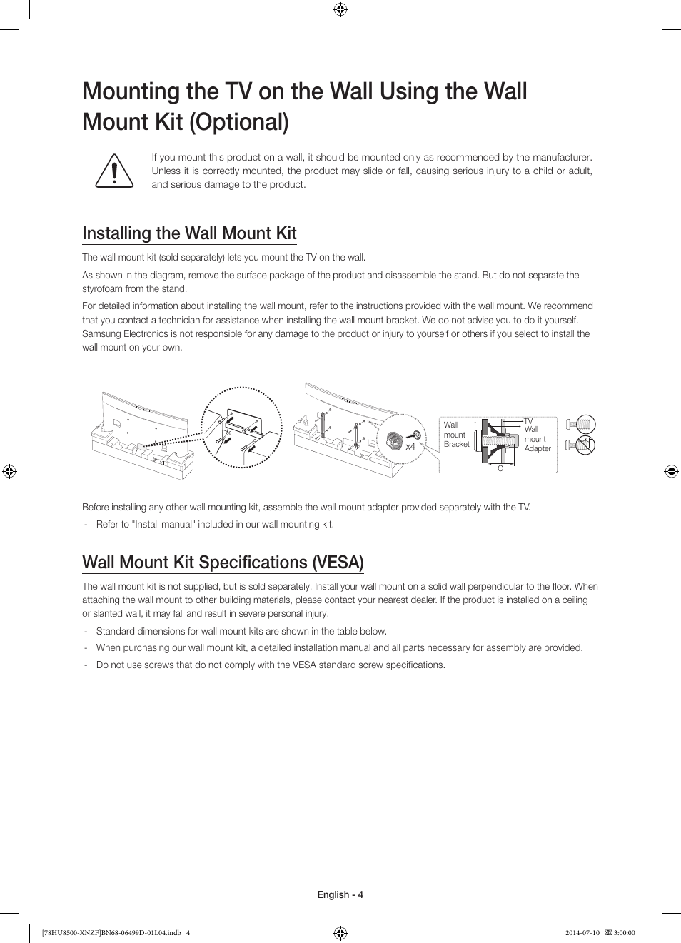 Installing the wall mount kit, Wall mount kit specifications (vesa) | Samsung UE78HU8500L User Manual | Page 4 / 97