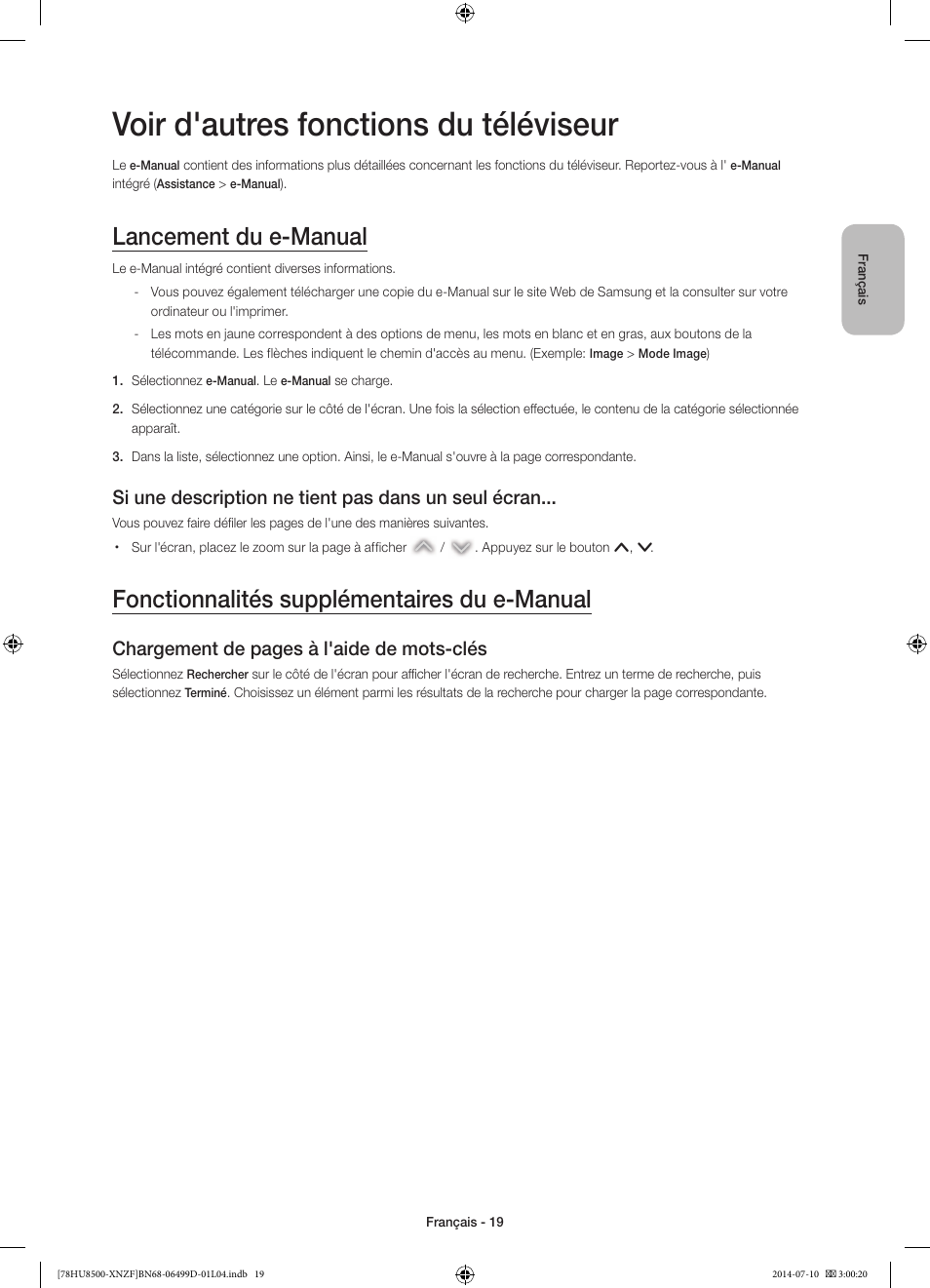 Voir d'autres fonctions du téléviseur, Lancement du e-manual, Fonctionnalités supplémentaires du e-manual | Si une description ne tient pas dans un seul écran, Chargement de pages à l'aide de mots-clés | Samsung UE78HU8500L User Manual | Page 43 / 97
