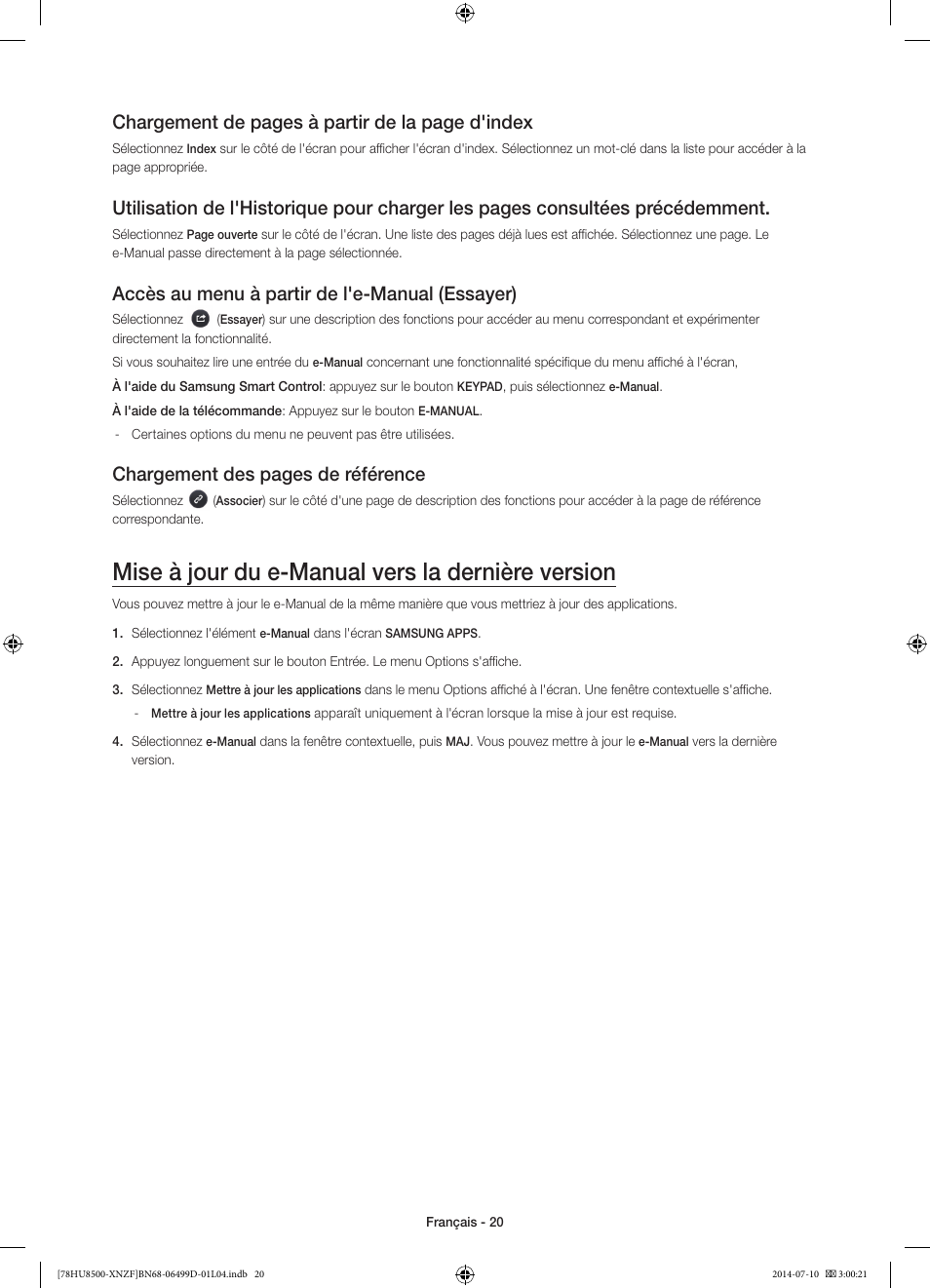 Mise à jour du e-manual vers la dernière version, Chargement de pages à partir de la page d'index, Accès au menu à partir de l'e-manual (essayer) | Chargement des pages de référence | Samsung UE78HU8500L User Manual | Page 44 / 97