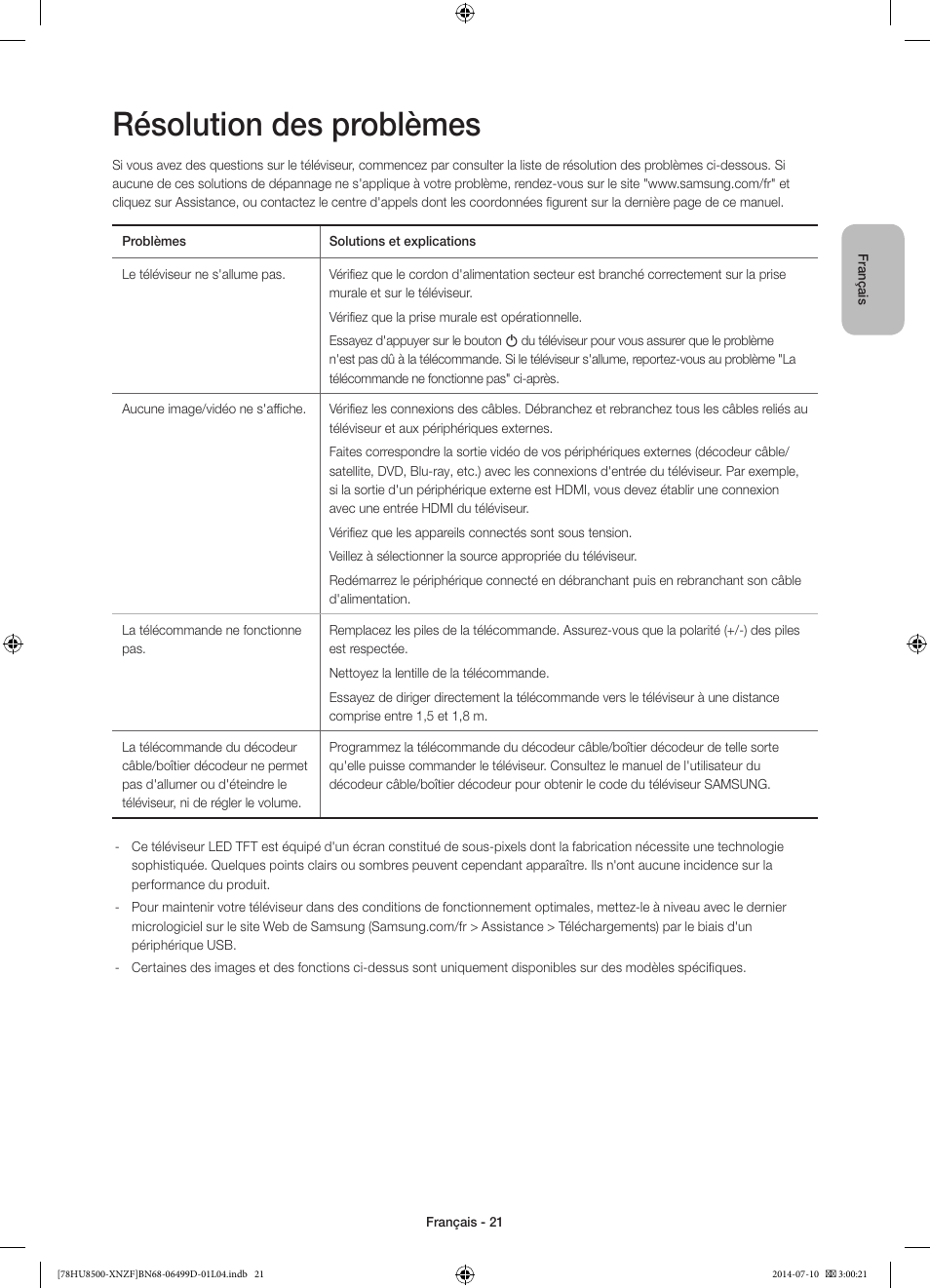 Résolution des problèmes | Samsung UE78HU8500L User Manual | Page 45 / 97