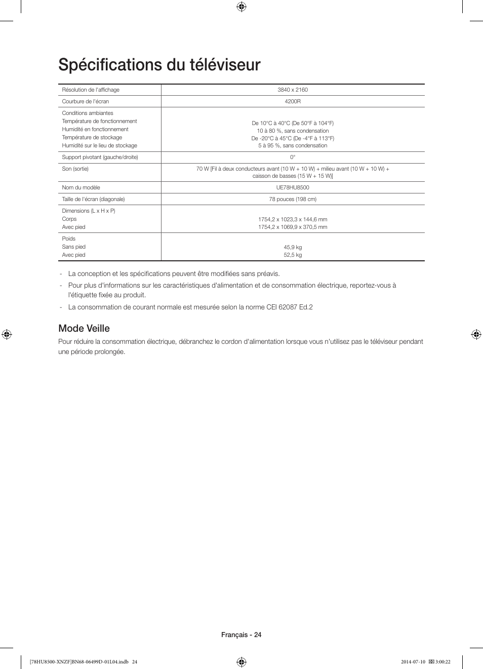 Spécifications du téléviseur, Mode veille | Samsung UE78HU8500L User Manual | Page 48 / 97