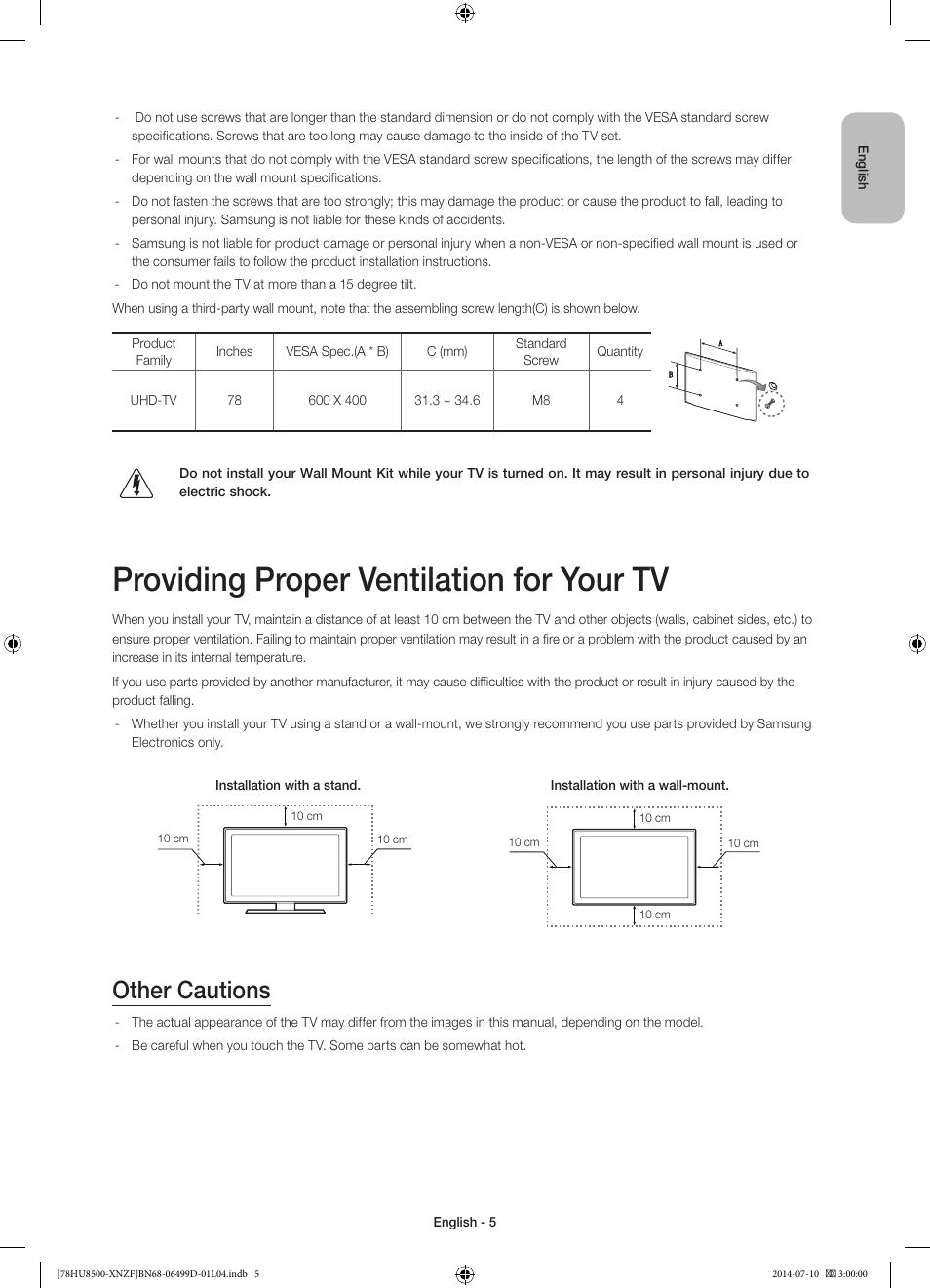 Providing proper ventilation for your tv, Other cautions | Samsung UE78HU8500L User Manual | Page 5 / 97