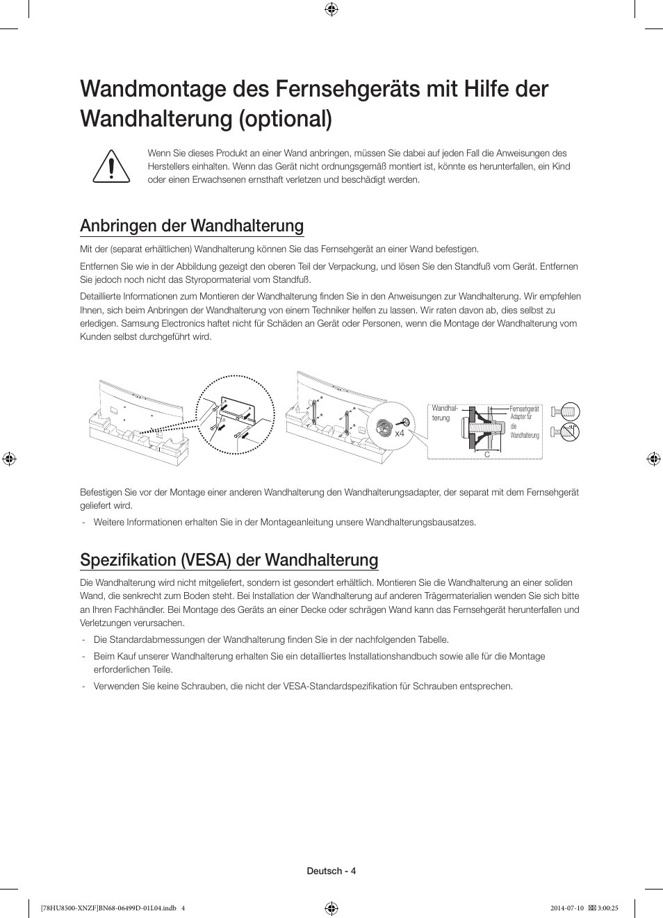 Anbringen der wandhalterung, Spezifikation (vesa) der wandhalterung | Samsung UE78HU8500L User Manual | Page 52 / 97