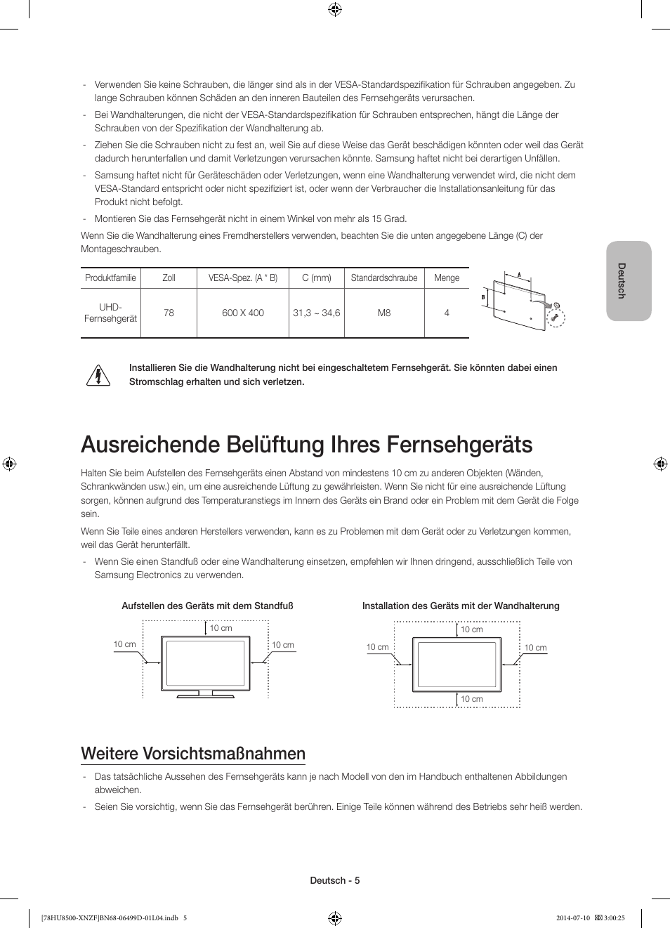 Ausreichende belüftung ihres fernsehgeräts, Weitere vorsichtsmaßnahmen | Samsung UE78HU8500L User Manual | Page 53 / 97