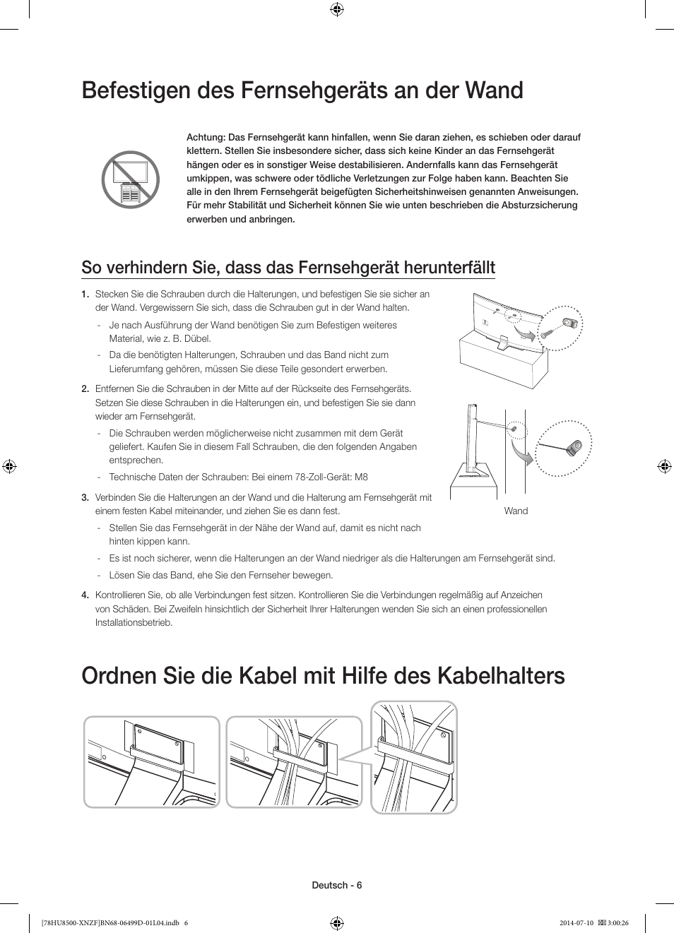 Befestigen des fernsehgeräts an der wand, Ordnen sie die kabel mit hilfe des kabelhalters | Samsung UE78HU8500L User Manual | Page 54 / 97