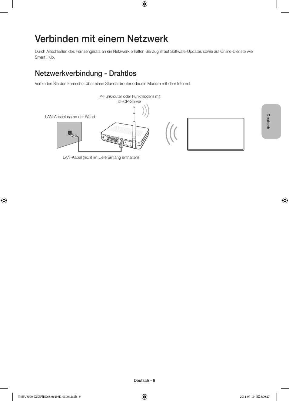Verbinden mit einem netzwerk, Netzwerkverbindung - drahtlos | Samsung UE78HU8500L User Manual | Page 57 / 97