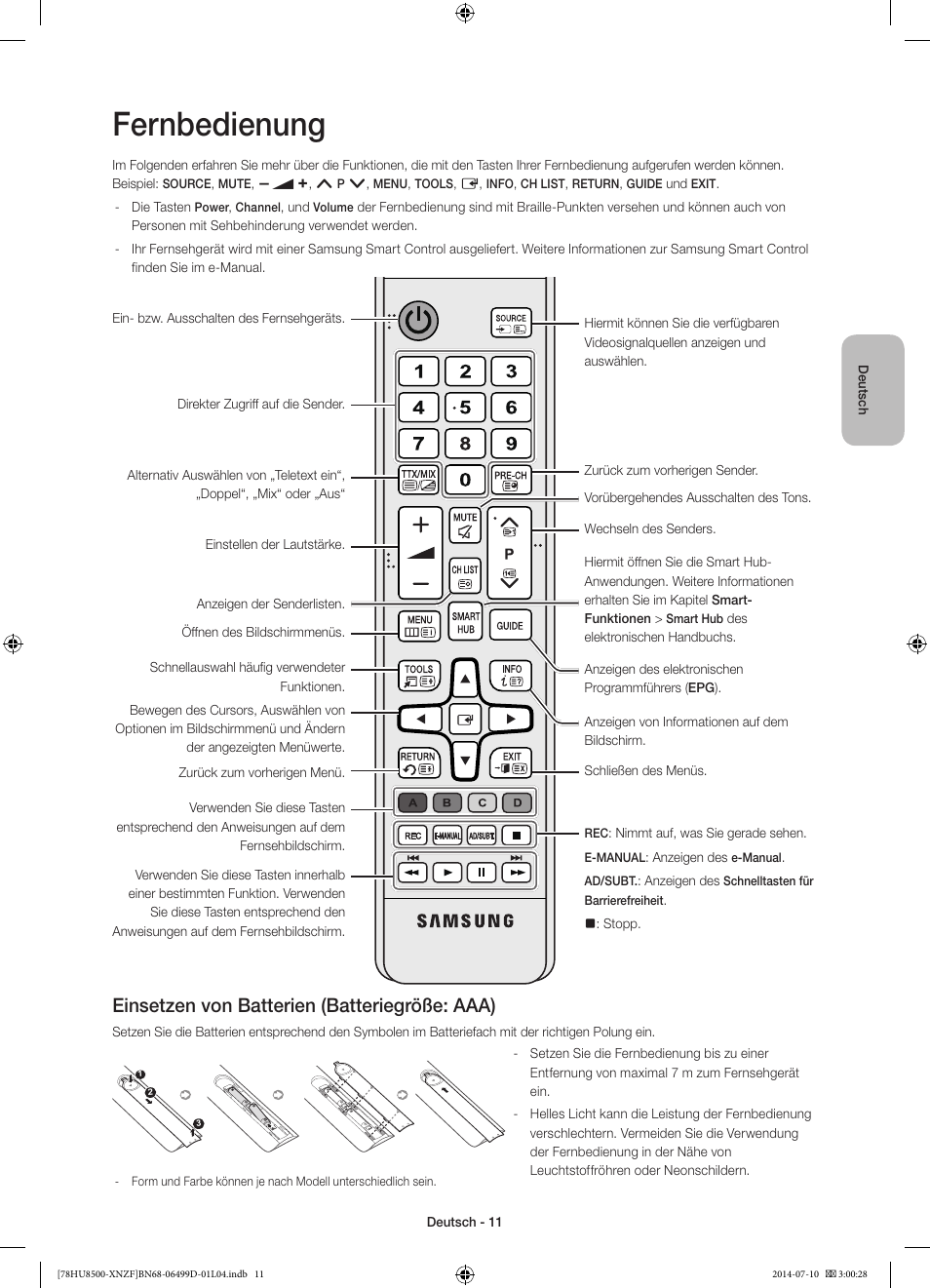 Fernbedienung, Einsetzen von batterien (batteriegröße: aaa) | Samsung UE78HU8500L User Manual | Page 59 / 97
