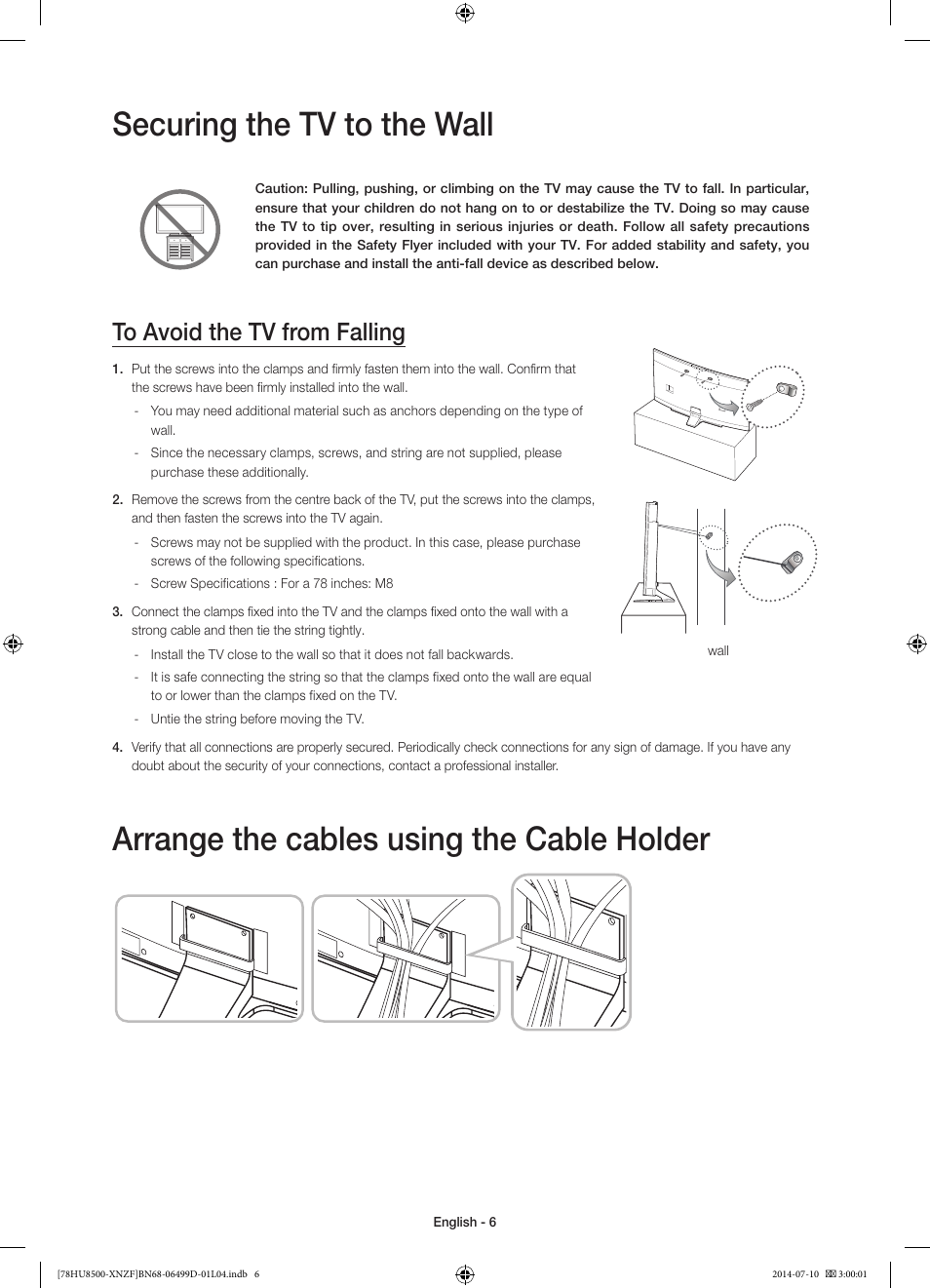 Securing the tv to the wall, Arrange the cables using the cable holder | Samsung UE78HU8500L User Manual | Page 6 / 97