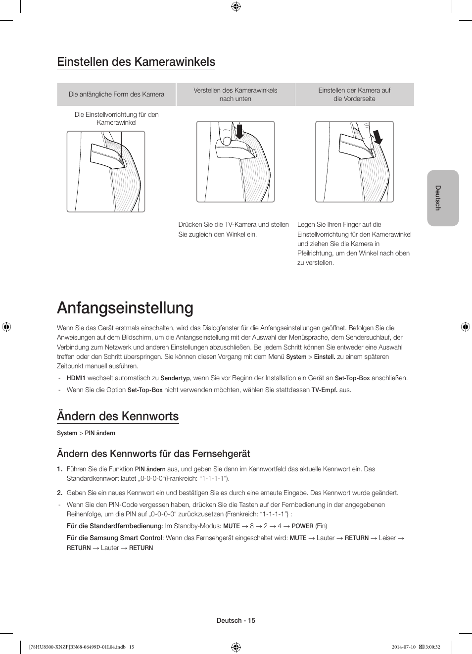 Anfangseinstellung, Einstellen des kamerawinkels, Ändern des kennworts | Ändern des kennworts für das fernsehgerät | Samsung UE78HU8500L User Manual | Page 63 / 97