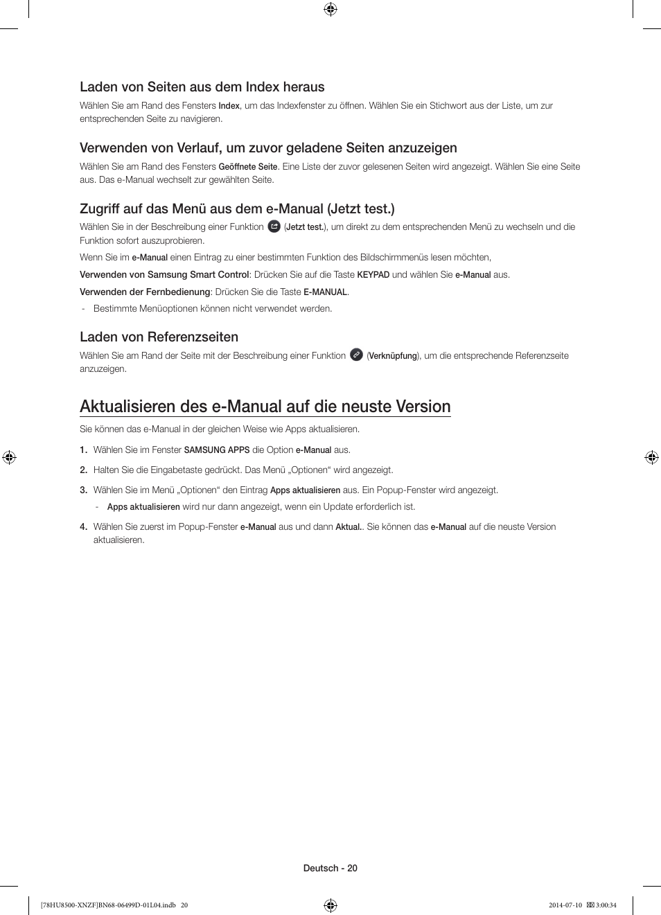Aktualisieren des e-manual auf die neuste version, Laden von seiten aus dem index heraus, Laden von referenzseiten | Samsung UE78HU8500L User Manual | Page 68 / 97