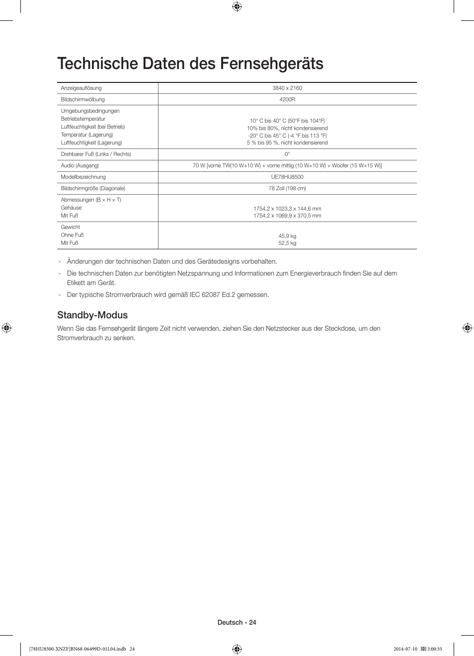 Technische daten des fernsehgeräts, Standby-modus | Samsung UE78HU8500L User Manual | Page 72 / 97