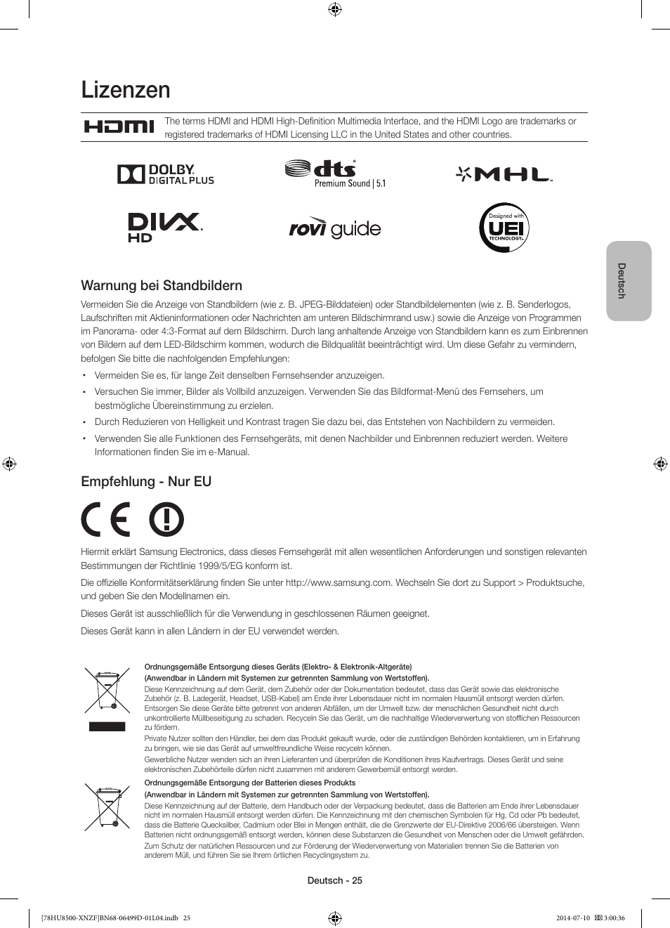 Lizenzen, Warnung bei standbildern, Empfehlung - nur eu | Samsung UE78HU8500L User Manual | Page 73 / 97