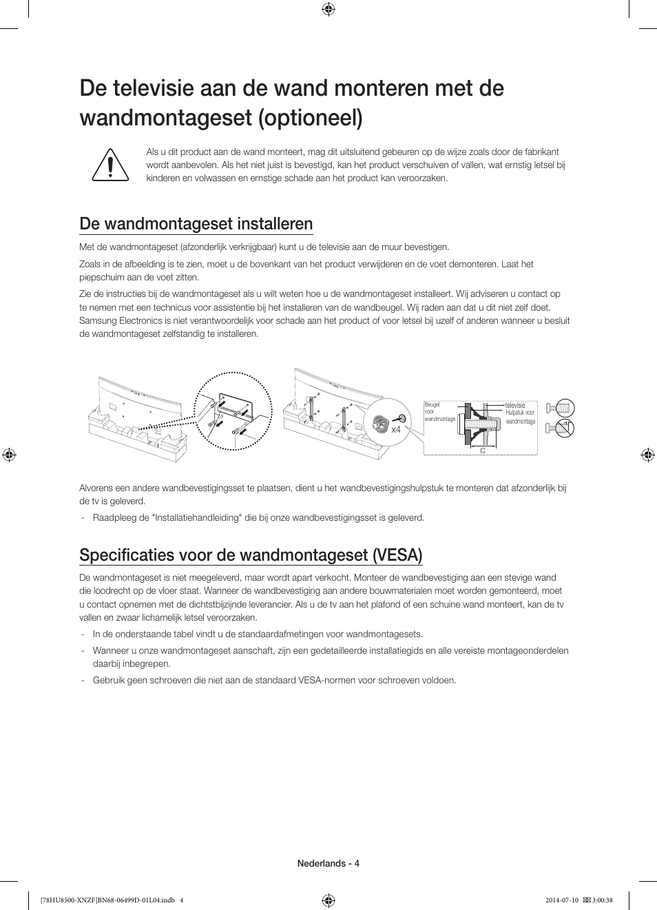 De wandmontageset installeren, Specificaties voor de wandmontageset (vesa) | Samsung UE78HU8500L User Manual | Page 76 / 97
