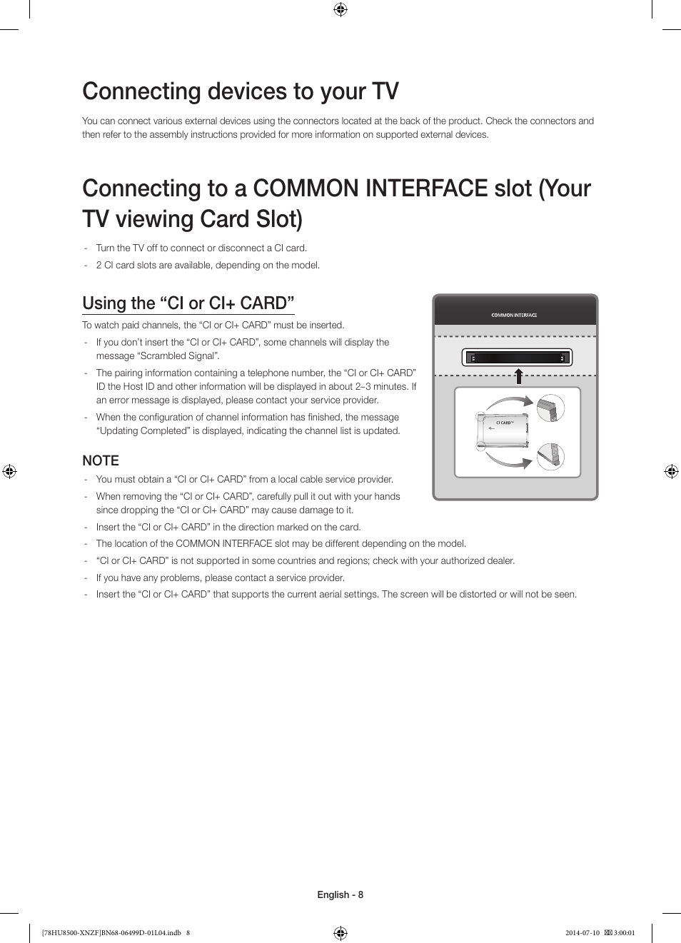 Connecting devices to your tv, Using the “ci or ci+ card | Samsung UE78HU8500L User Manual | Page 8 / 97