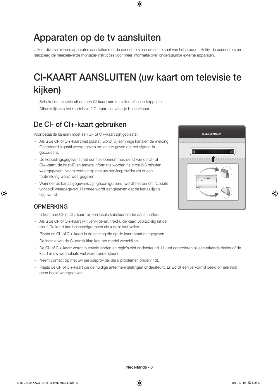 Apparaten op de tv aansluiten, De ci- of ci+-kaart gebruiken, Opmerking | Samsung UE78HU8500L User Manual | Page 80 / 97